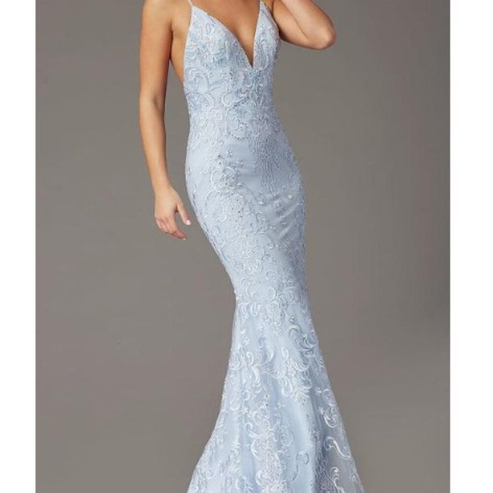PromGirl Pale Blue Lace Mermaid Prom Dress